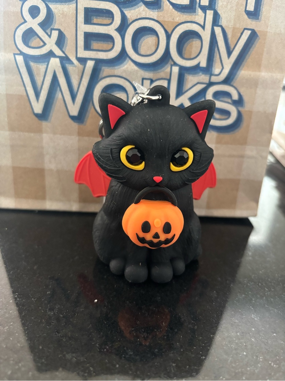 Bath & Body Works Black Cat Halloween Keychain with Red Wings and Orange Pumpkin